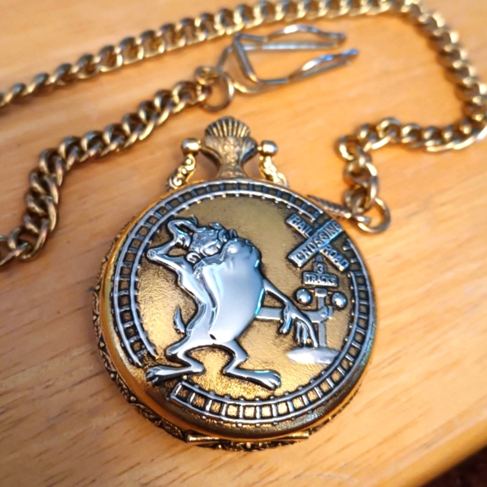 X Armitron Tasmanian Devil Railroad Pocket Watch Two Tone case white dial 3 hand